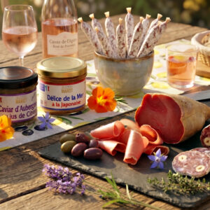 Photo d'ambiance d'une table d'apéro avec charcuterie et tartinables