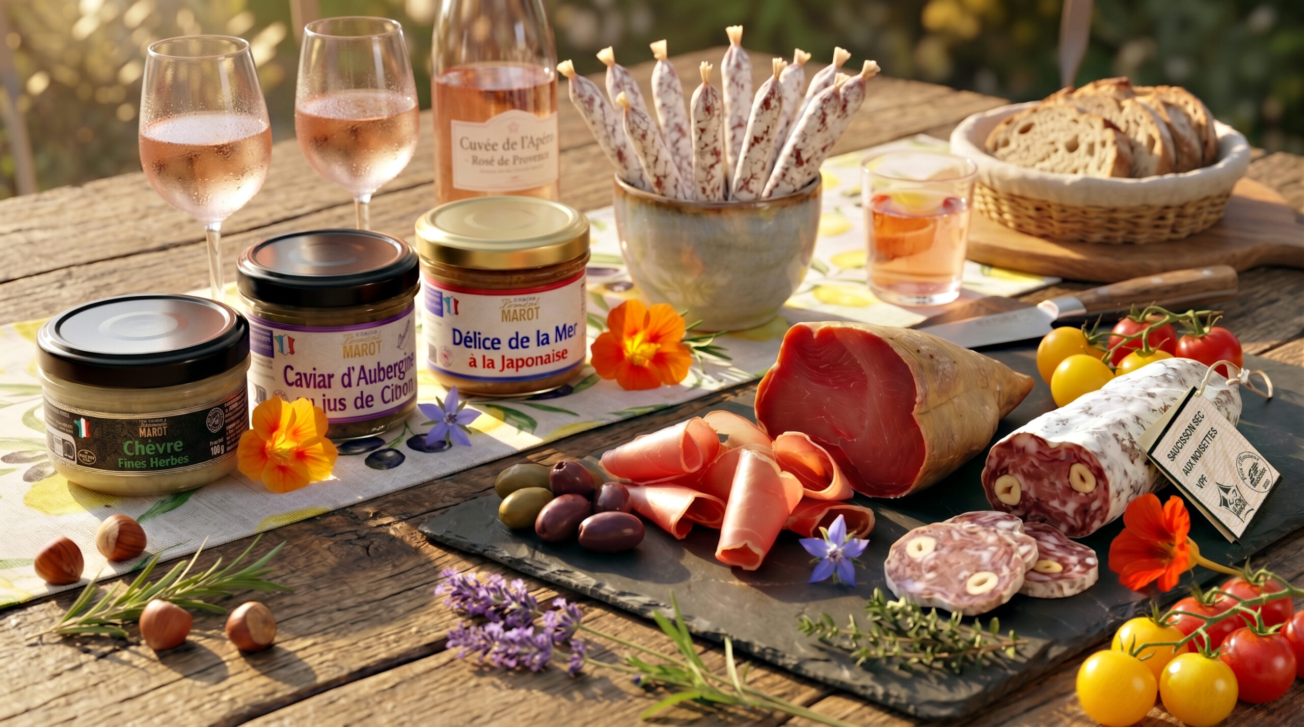 Photo d'ambiance d'une table d'apéro avec charcuterie et tartinables