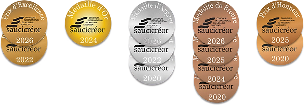 Médailles de nos saucissons primés concours international meilleur saucisson Saucicréor